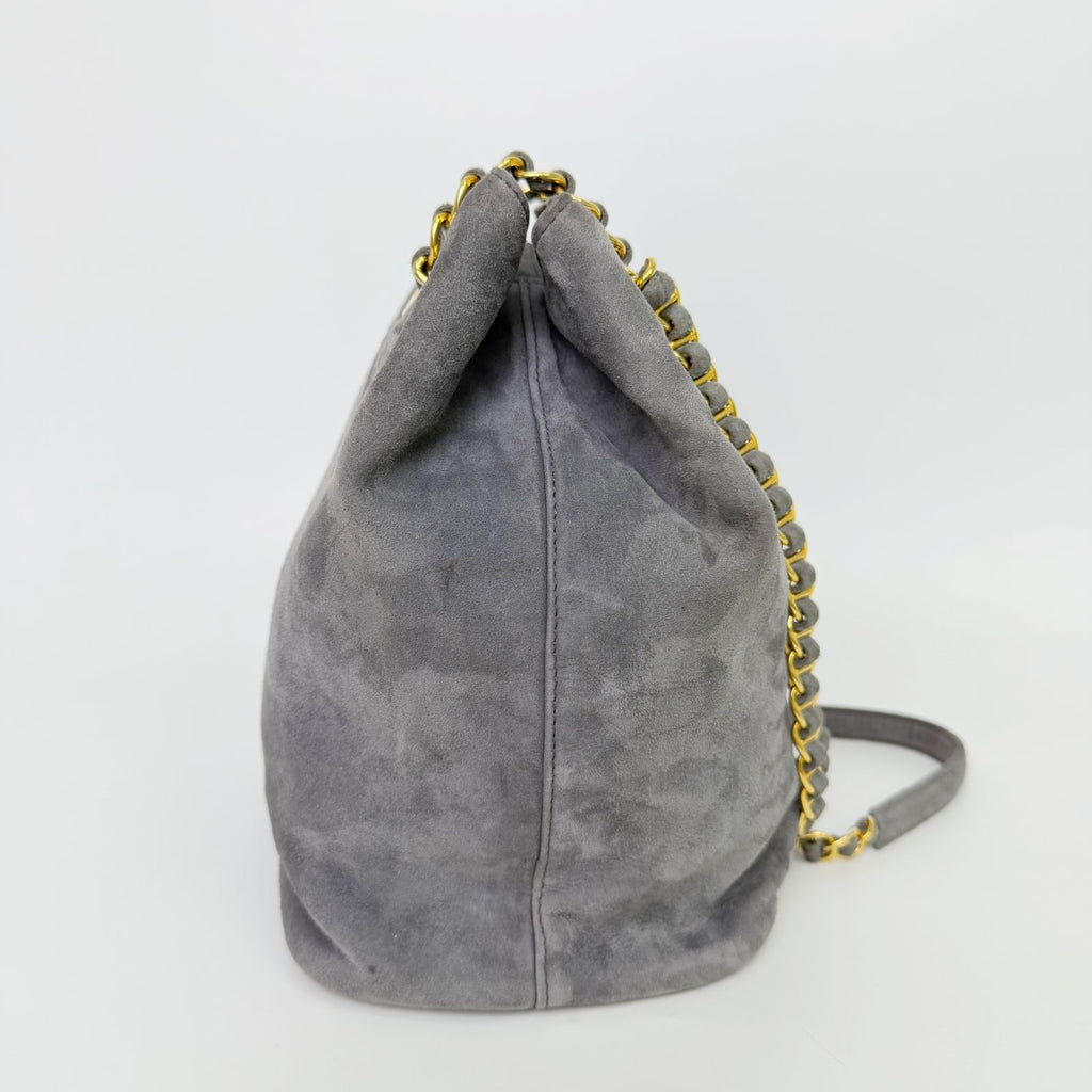 Prada Triangle Logo Chain Drawstring Shoulder Bag Suede Gray Gold Vintage — view 8