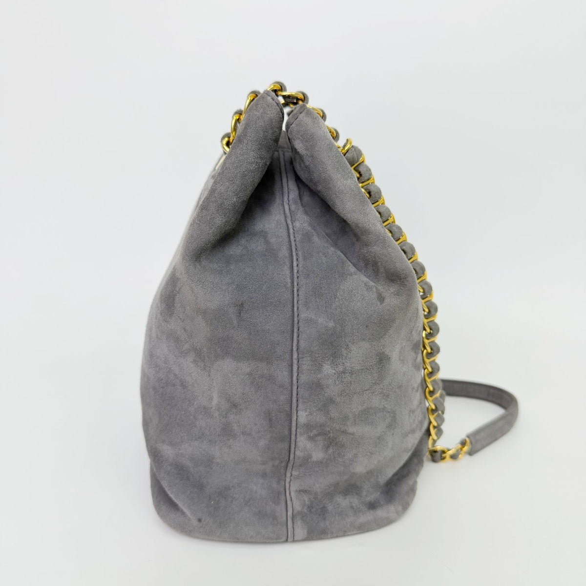 Prada Triangle Logo Chain Drawstring Shoulder Bag Suede Gray Gold Vintage — view 8