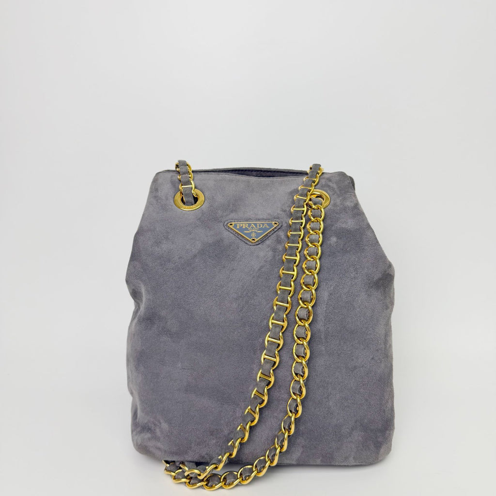 Prada Triangle Logo Chain Drawstring Shoulder Bag Suede Gray Gold Vintage — view 3