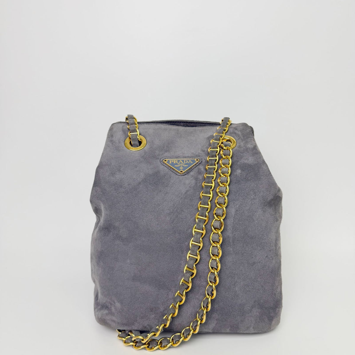 Prada Triangle Logo Chain Drawstring Shoulder Bag Suede Gray Gold Vintage — view 3