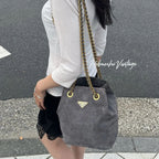Prada Triangle Logo Chain Drawstring Shoulder Bag Suede Gray Gold Vintage — view 2