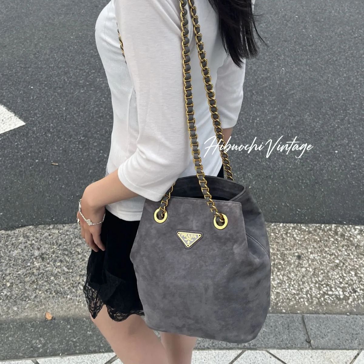 Prada Triangle Logo Chain Drawstring Shoulder Bag Suede Gray Gold Vintage — view 2