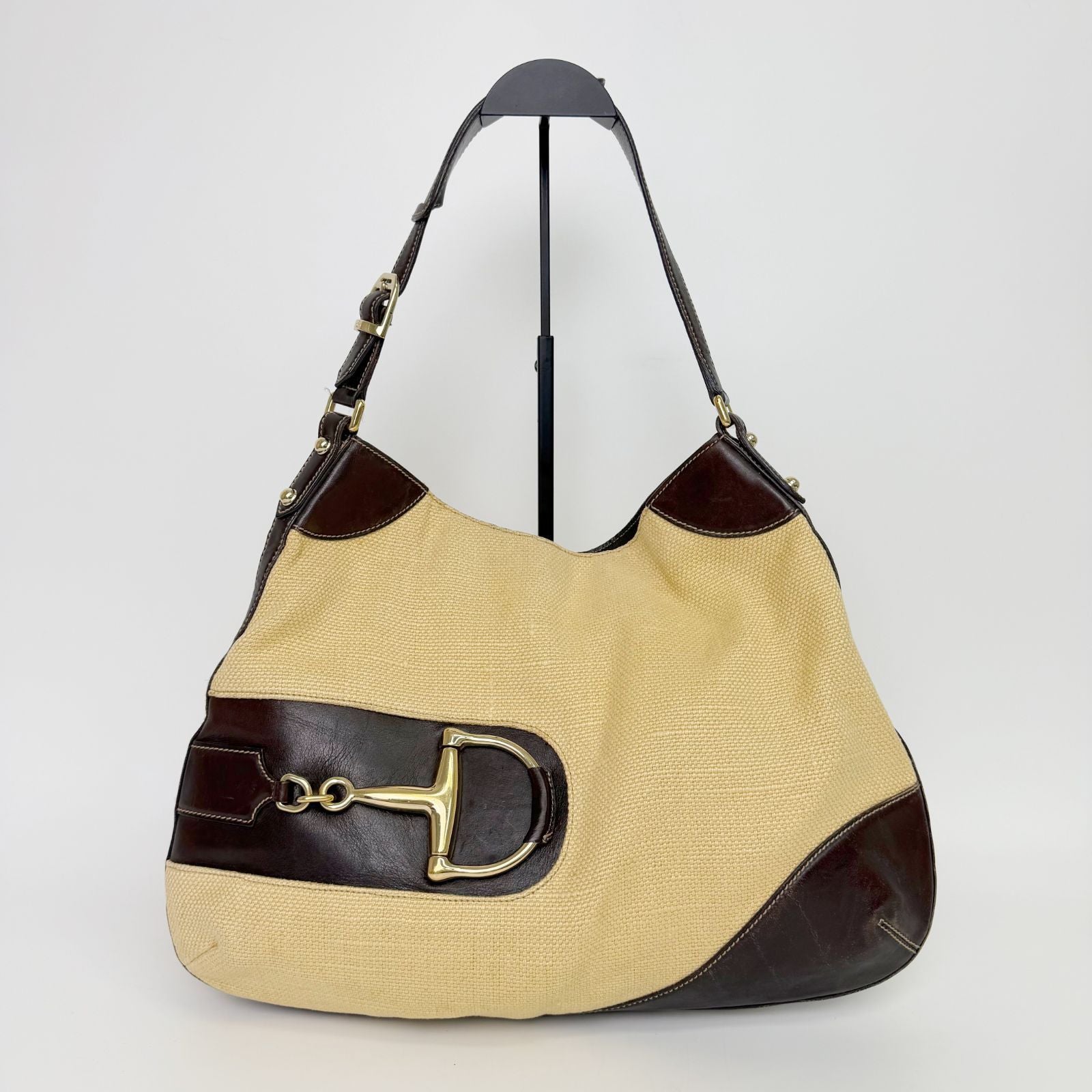 Gucci Horsebit Canvas Hobo Shoulder Bag Beige Brown Gold Vintage — view 2