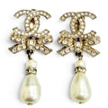 Chanel 23c CC Logo Rhinestone Ribbon Pearl Swing Earrings Gold