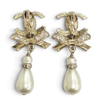 Chanel 23c CC Logo Rhinestone Ribbon Pearl Swing Earrings Gold — view 3