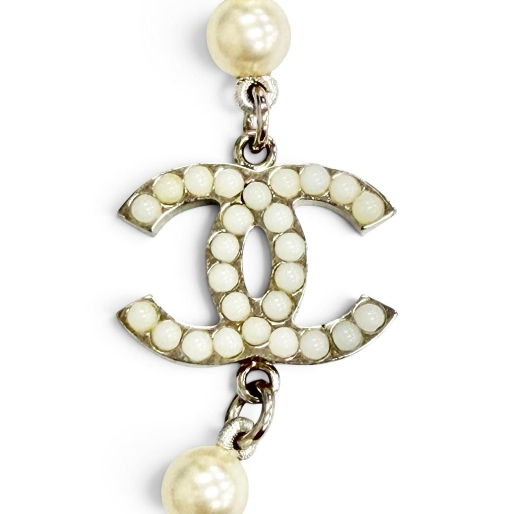 Chanel CC Logo Long Pearl Necklace White Silver — view 5
