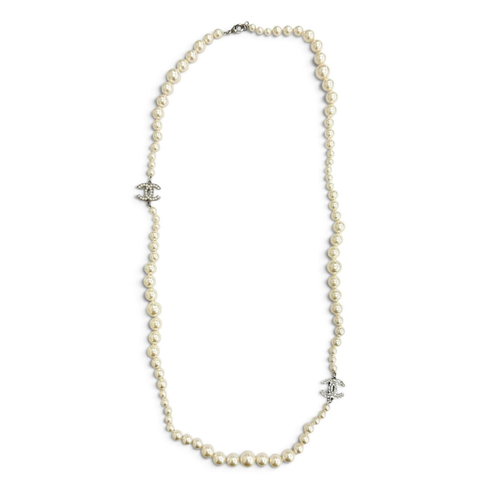 Chanel CC Logo Long Pearl Necklace White Silver — view 4