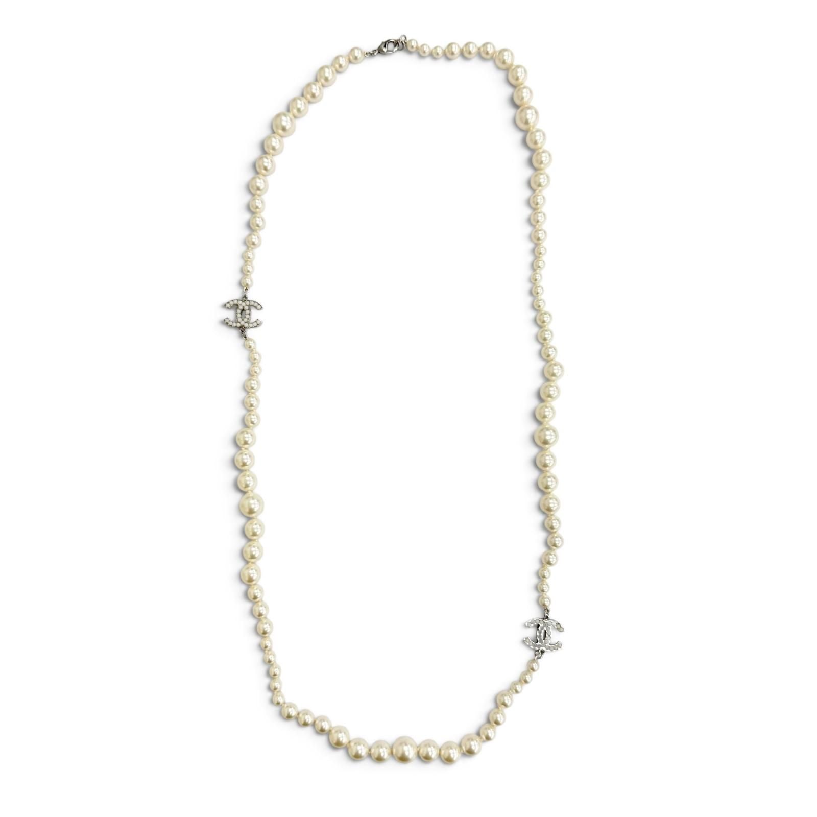 Chanel CC Logo Long Pearl Necklace White Silver — view 4