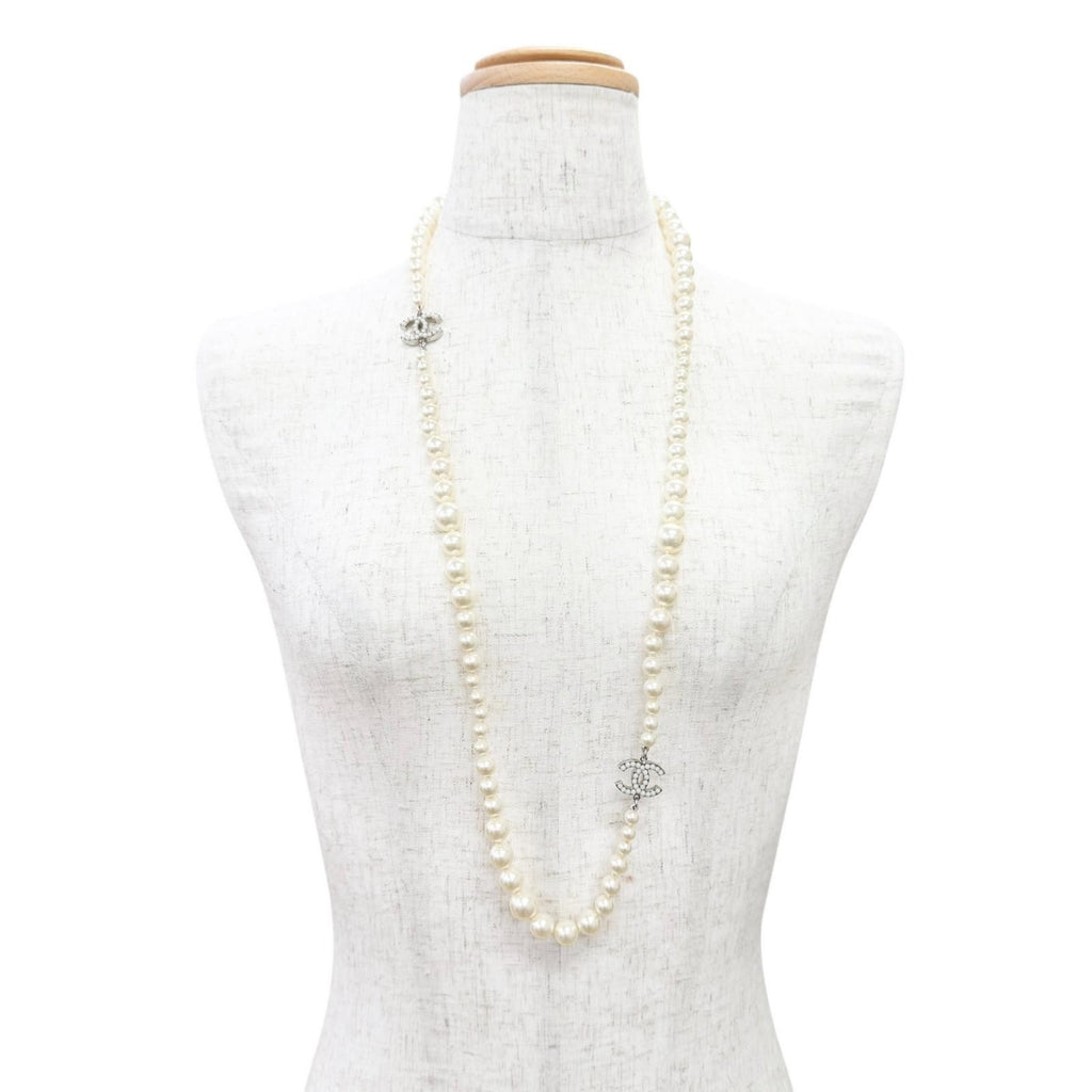 Chanel CC Logo Long Pearl Necklace White Silver — view 3