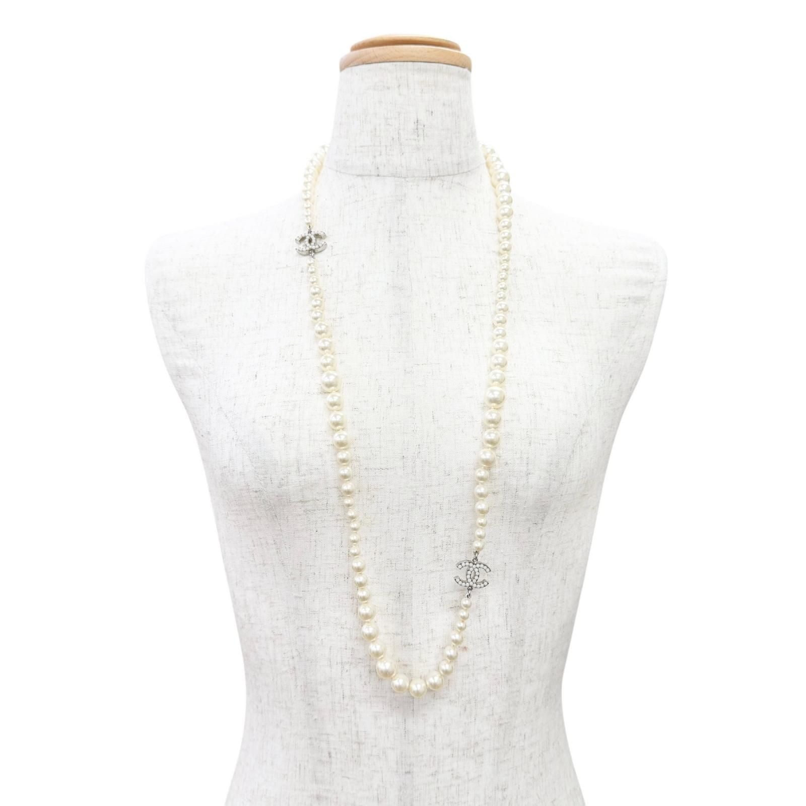 Chanel CC Logo Long Pearl Necklace White Silver — view 3