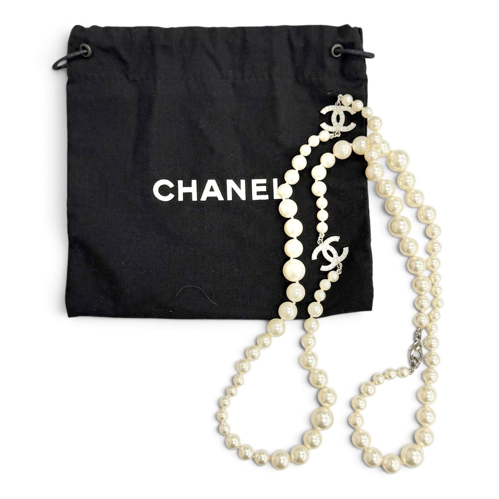 Chanel CC Logo Long Pearl Necklace White Silver — view 2
