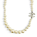 Chanel CC Logo Long Pearl Necklace White Silver