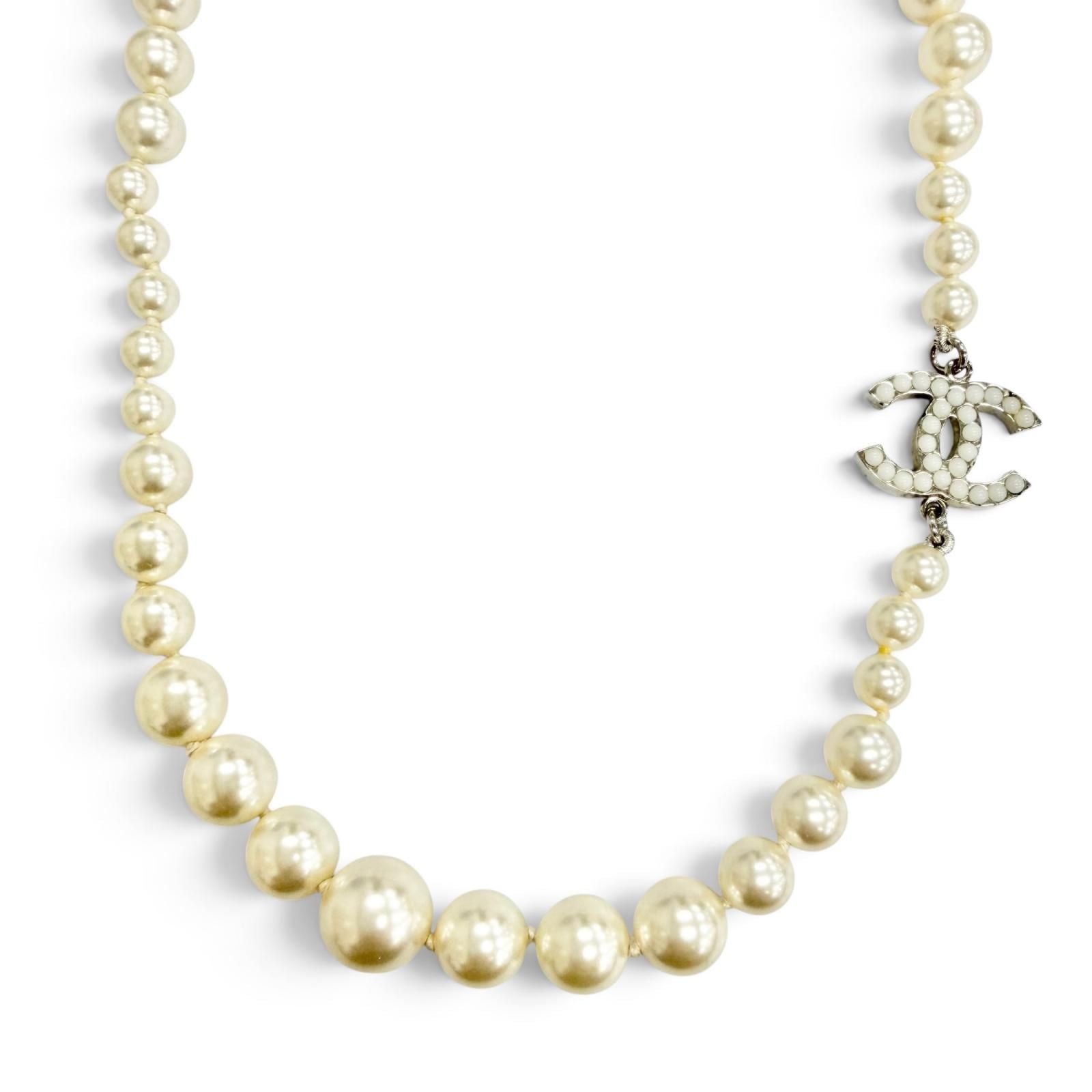 Chanel CC Logo Long Pearl Necklace White Silver