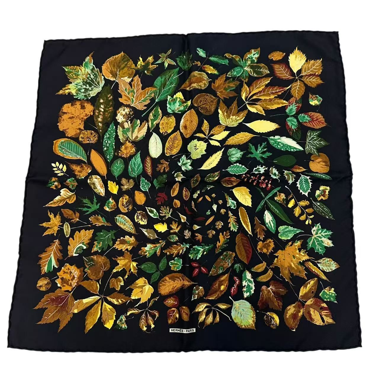 Hermes Scarf Silk Carre 45 Tourbillon Fallen Leaves Swirl Black