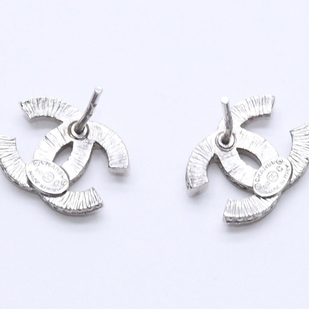 Chanel CC Logo Earrings 15 Rhinestone Metal Silver Clear — view 6