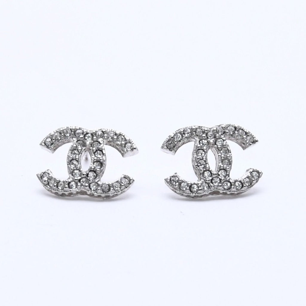 Chanel CC Logo Earrings 15 Rhinestone Metal Silver Clear