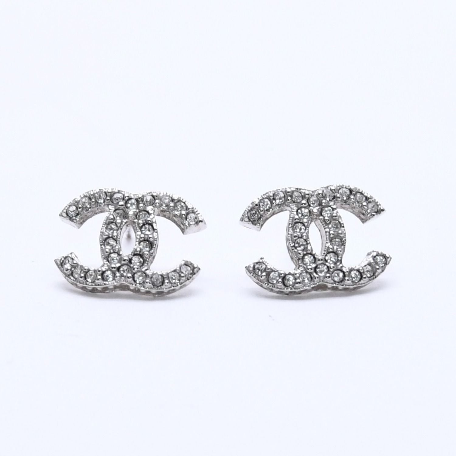 Chanel CC Logo Earrings 15 Rhinestone Metal Silver Clear