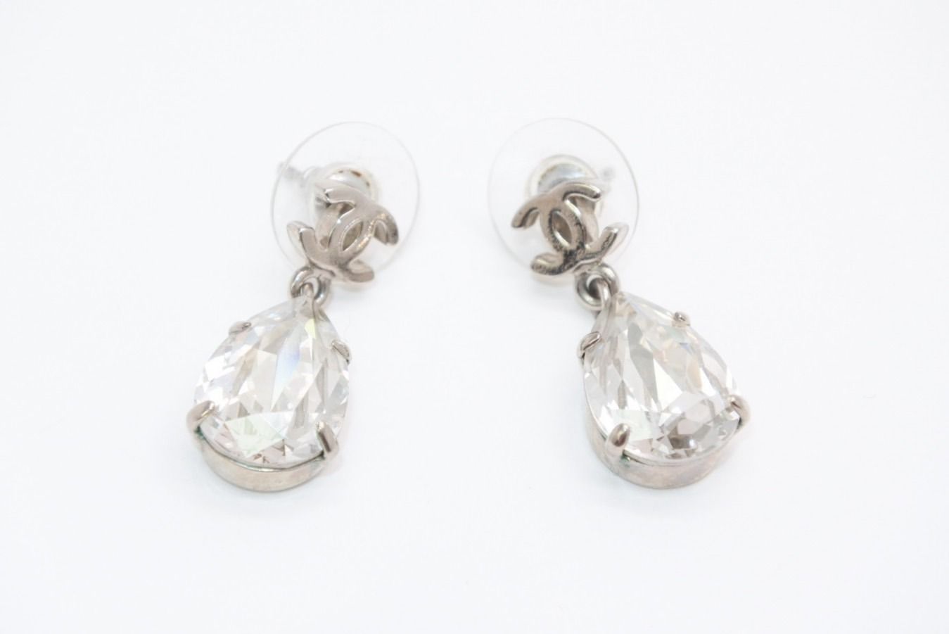 Chanel CC Logo Drop Shape Large Rhinestone Earrings Metal