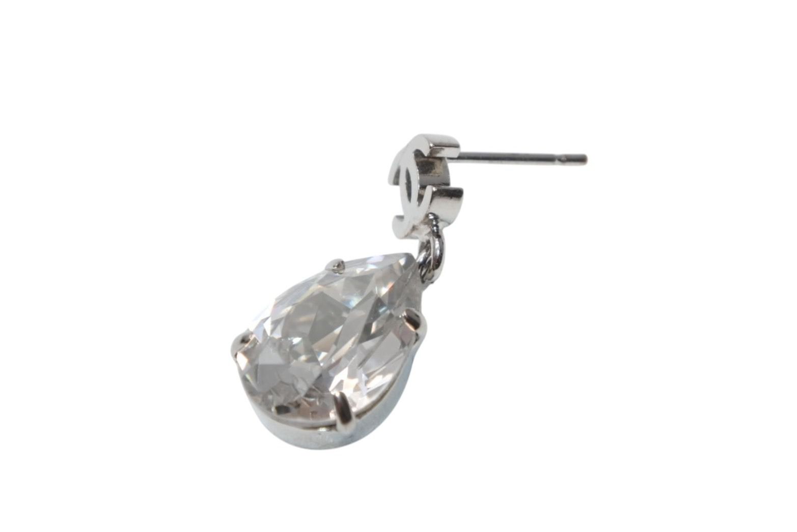 Chanel CC Logo Drop Earrings Metal Rhinestone Clear Silver — view 2