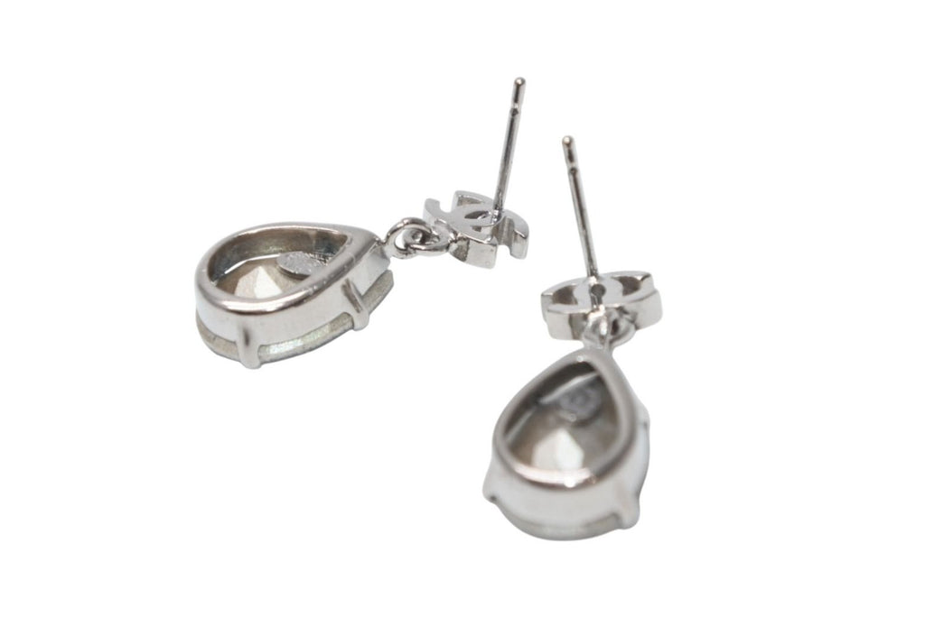 Chanel CC Logo Drop Earrings Metal Rhinestone Clear Silver — view 4