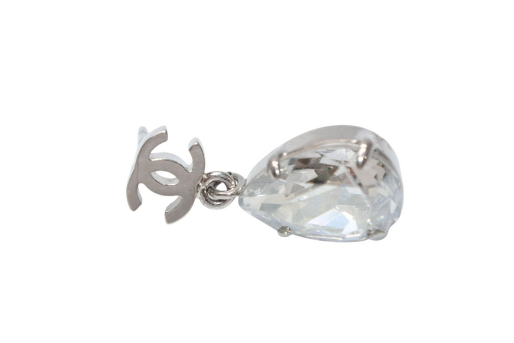 Chanel CC Logo Drop Earrings Metal Rhinestone Clear Silver — view 3