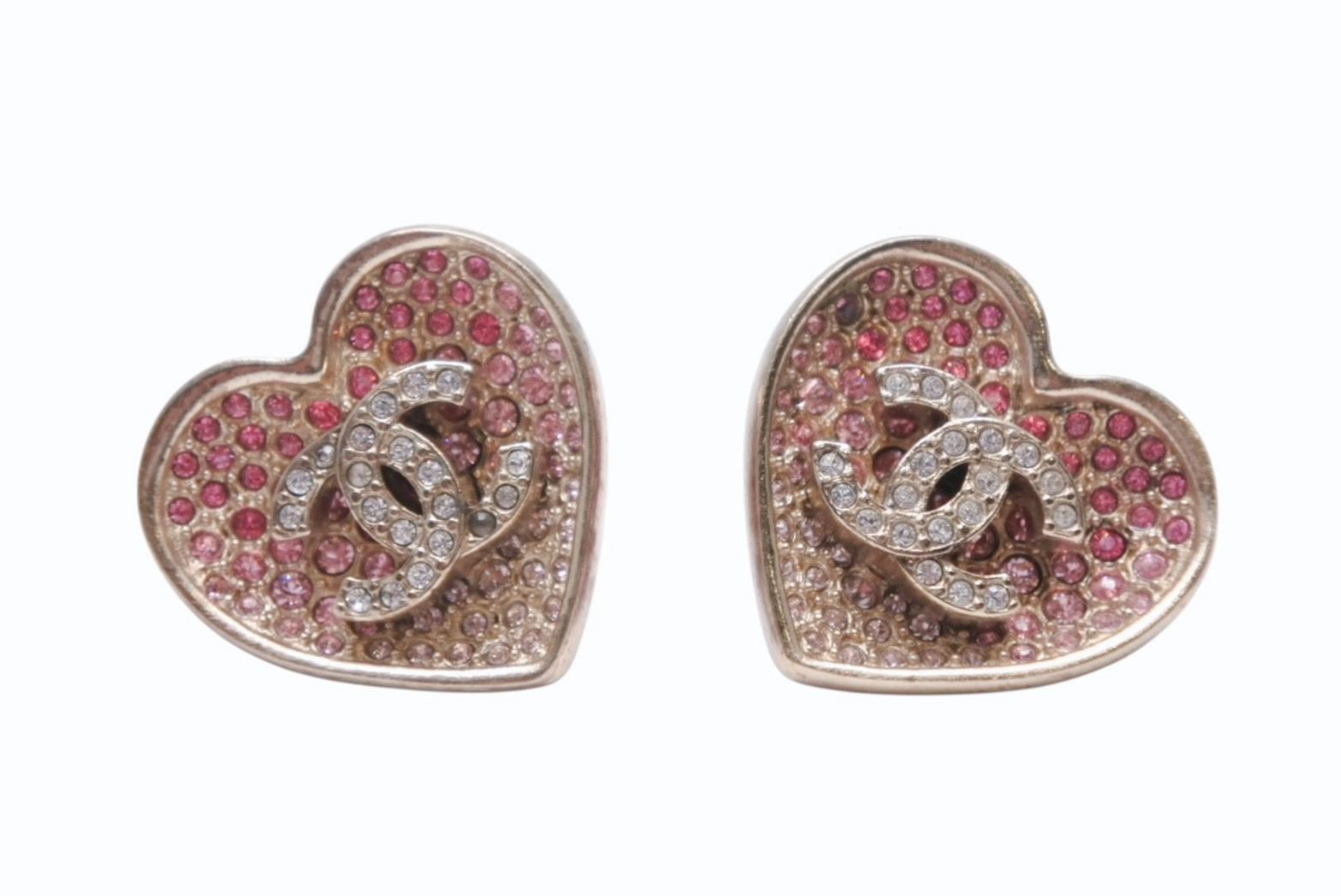 Chanel Heart CC Logo Earrings Metal Rhinestone Gold Pink Clear — view 2