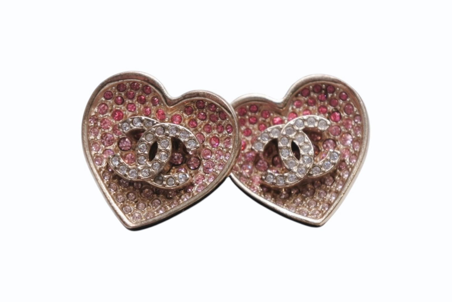 Chanel Heart CC Logo Earrings Metal Rhinestone Gold Pink Clear