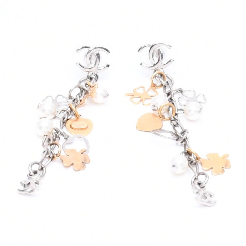 Chanel Drop Earrings 06 CC Logo Clover Heart Faux Pearl
