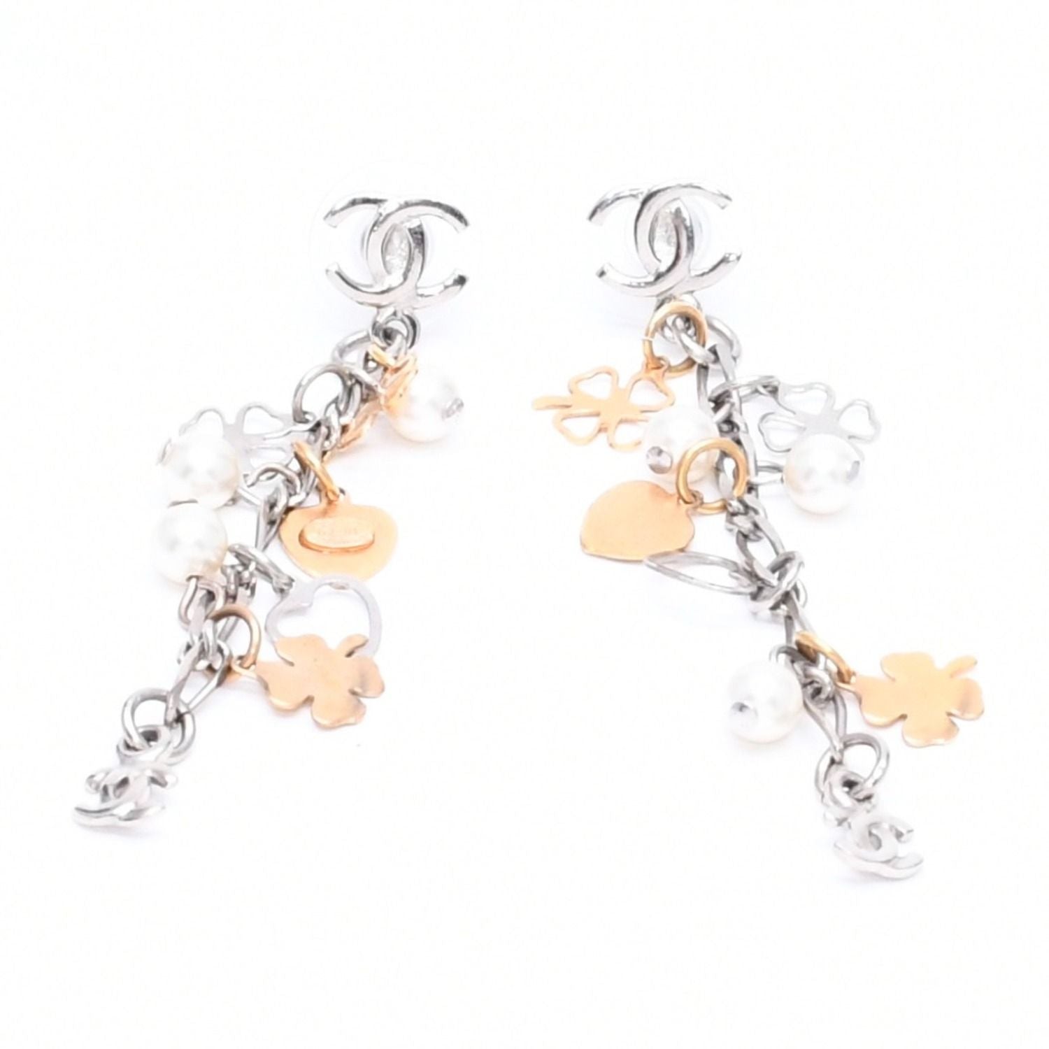Chanel Drop Earrings 06 CC Logo Clover Heart Faux Pearl