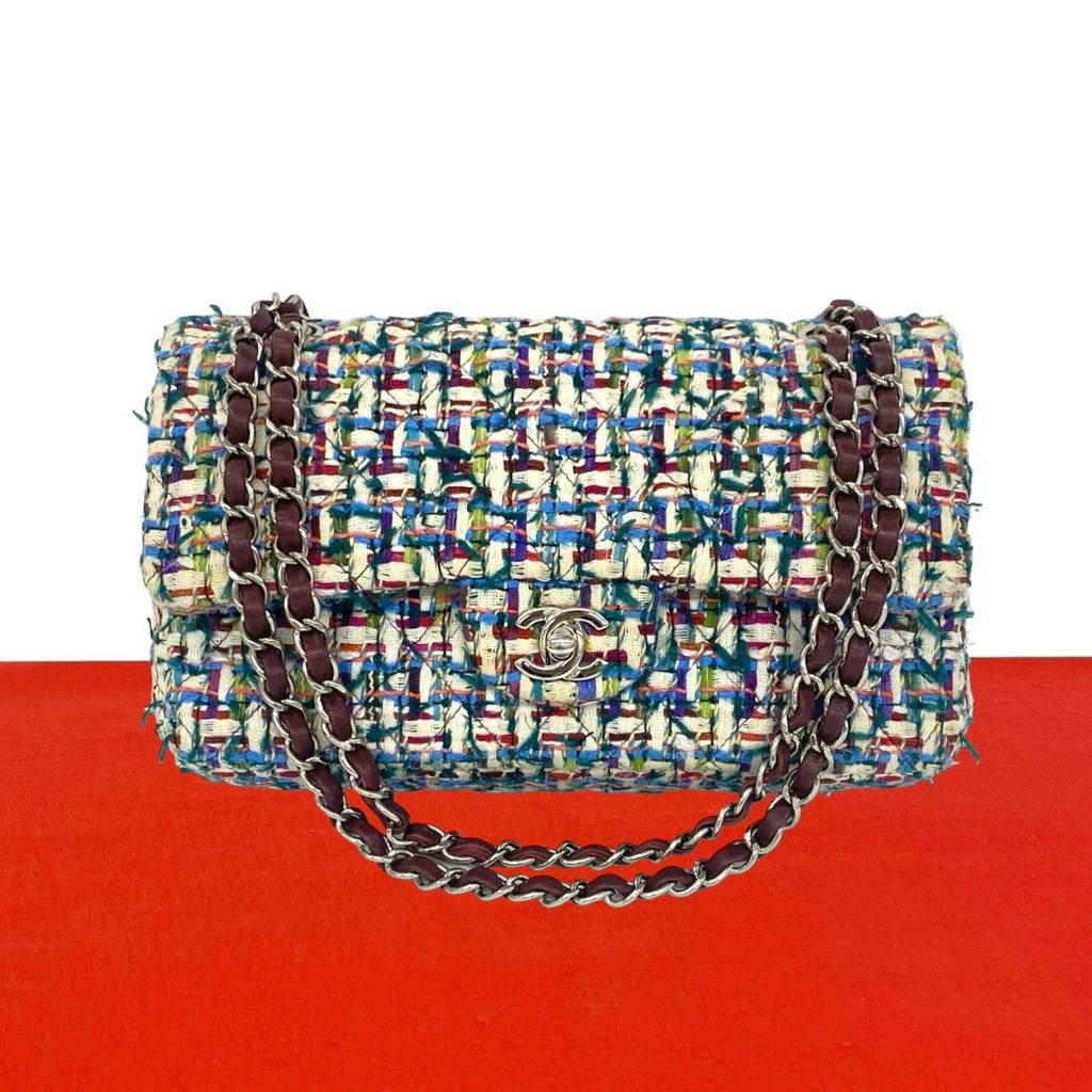 Chanel Double Flap CC Logo Tweed Chain Shoulder Bag Multicolor