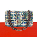 Chanel Double Flap CC Logo Tweed Chain Shoulder Bag Multicolor