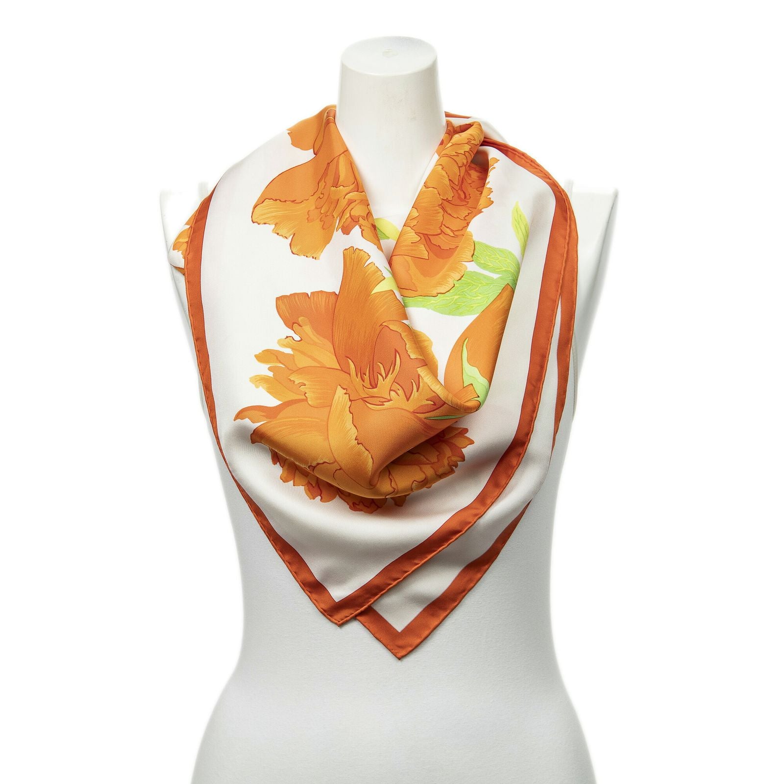 Hermes Scarf Orange Green White Twill Silk