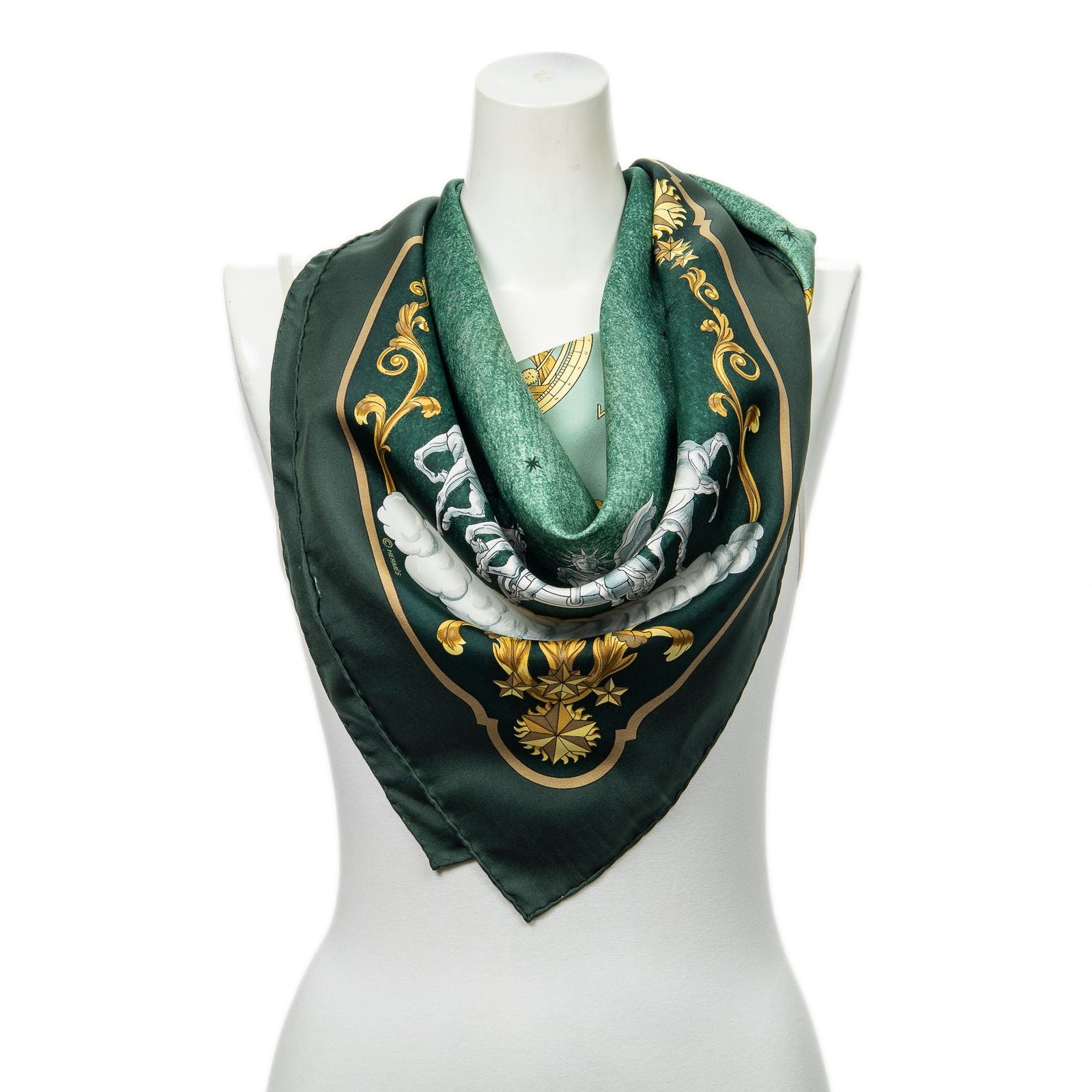 Hermes Scarf Green Yellow Twill Silk