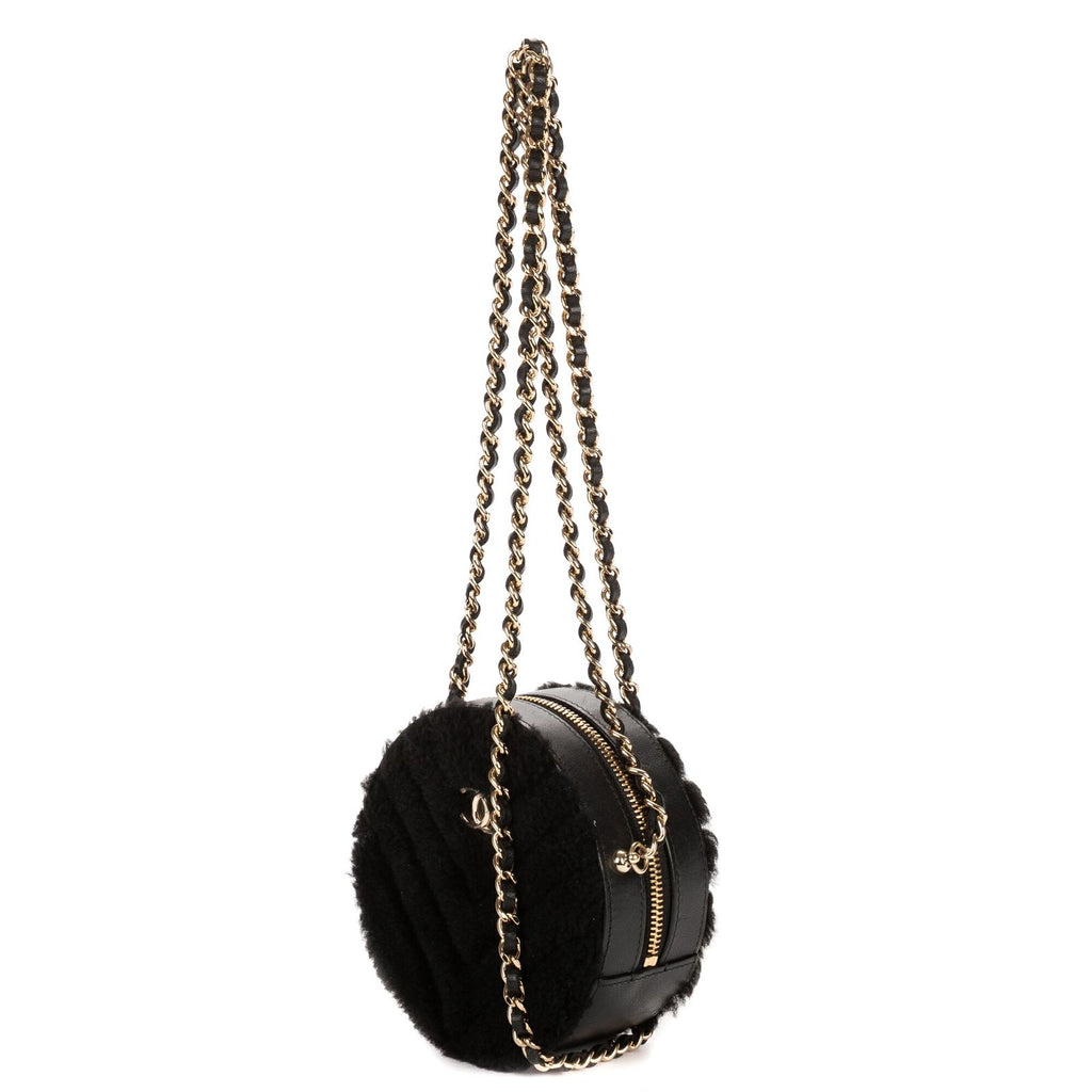Chanel CC Shearling Chevron Round Crossbody Black Canvasa — view 2