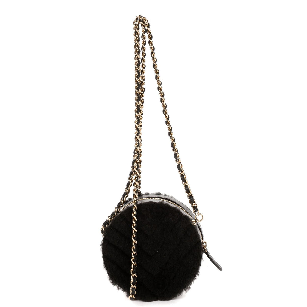 Chanel CC Shearling Chevron Round Crossbody Black Canvasa — view 5