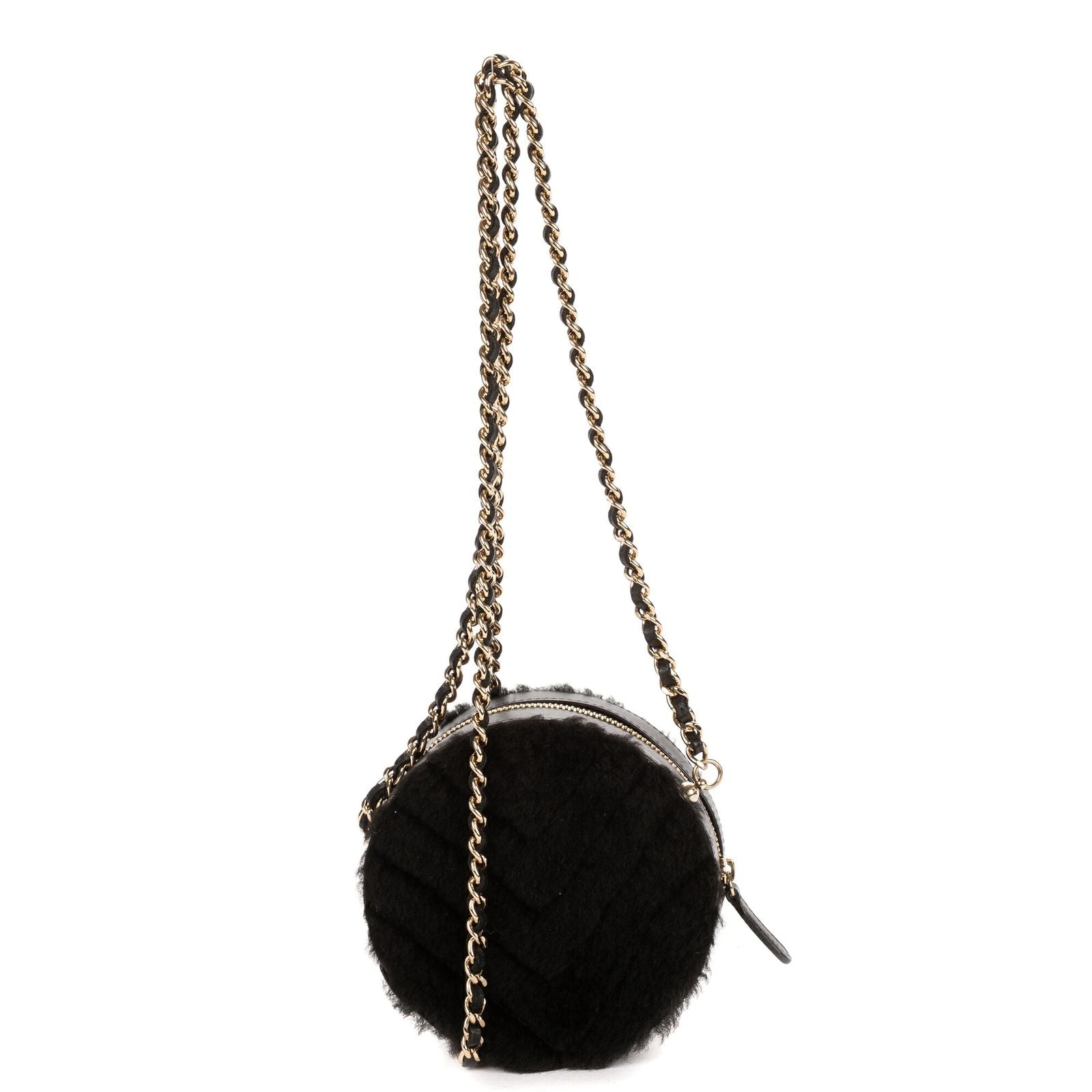 Chanel CC Shearling Chevron Round Crossbody Black Canvasa — view 5