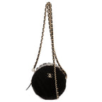 Chanel CC Shearling Chevron Round Crossbody Black Canvasa