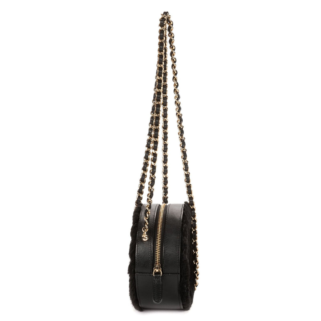 Chanel CC Shearling Chevron Round Crossbody Black Canvasa — view 4