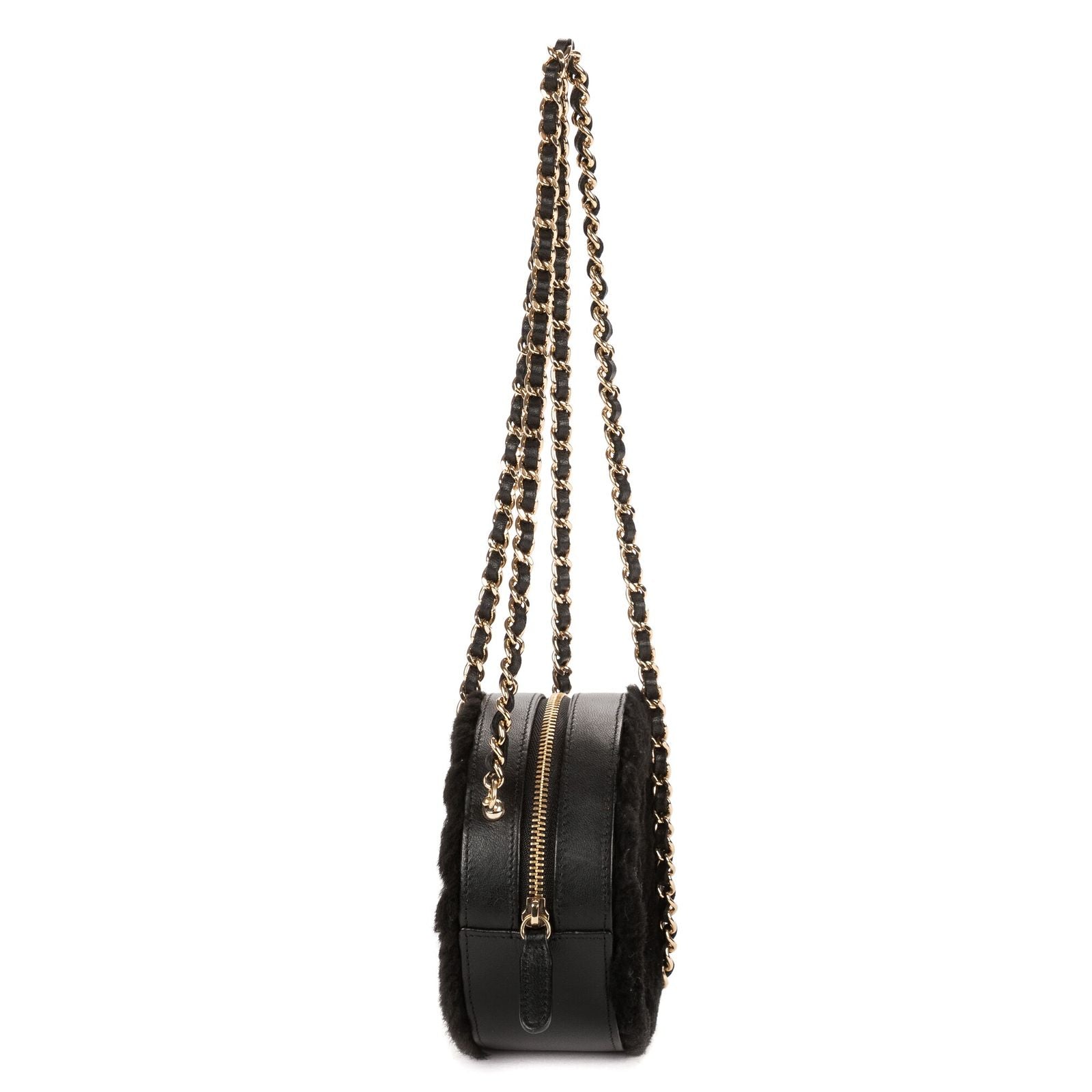 Chanel CC Shearling Chevron Round Crossbody Black Canvasa — view 4