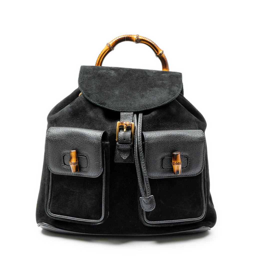 Gucci Large Bamboo Backpack Black Suede Leather