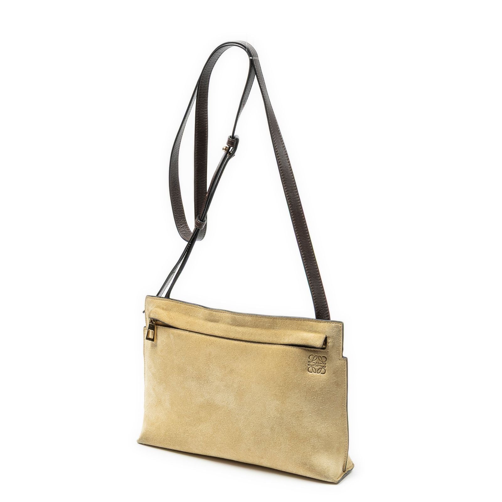 Loewet Pouch Crossbody Beige Dark Brown Suede Leather — view 2