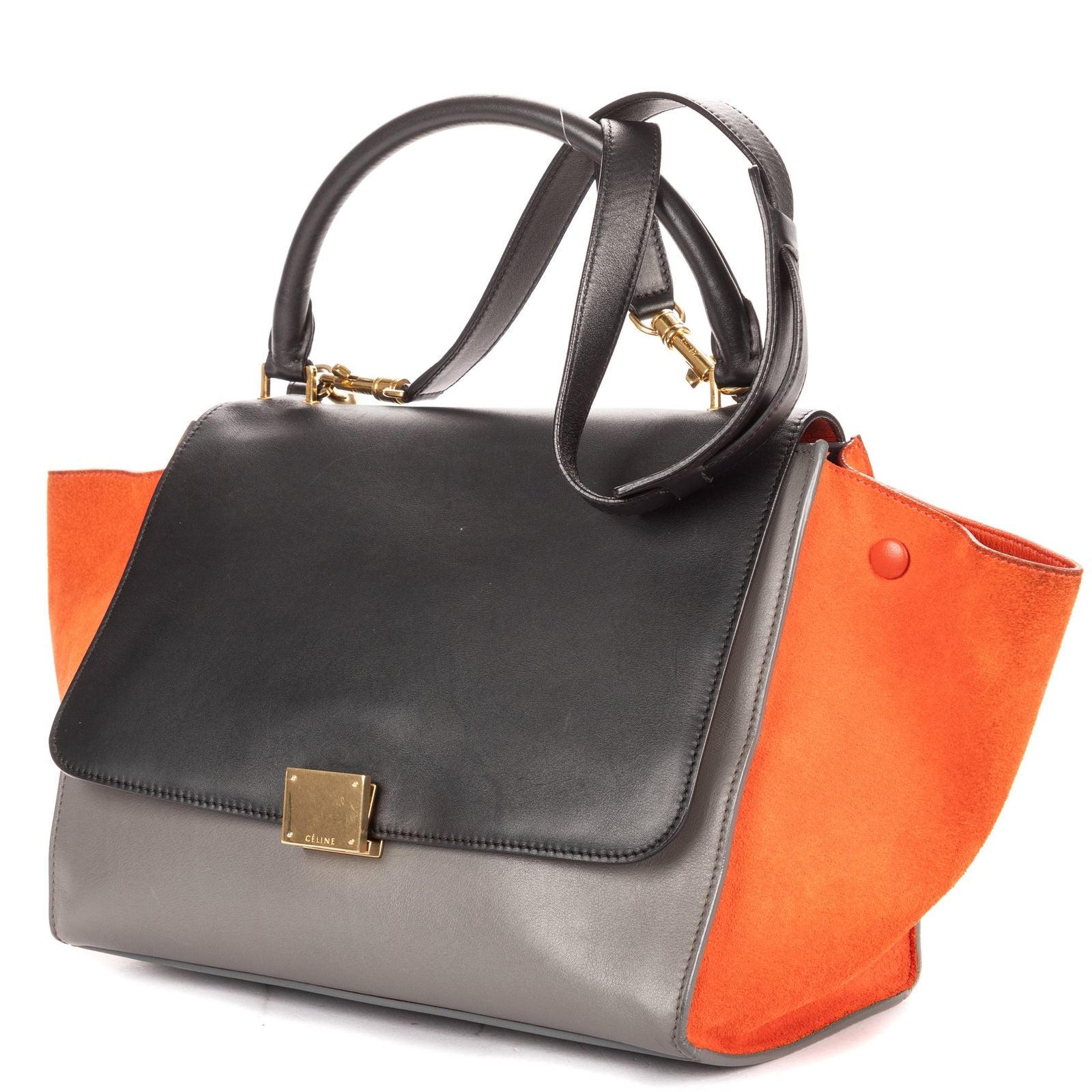 Celine Tricolor Medium Trapeze Orange Black Gray Calfskin Leather Handbag — view 2