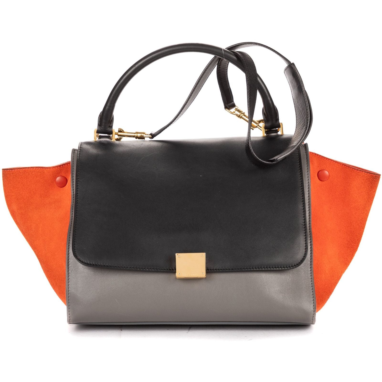 Celine Tricolor Medium Trapeze Orange Black Gray Calfskin Leather Handbag