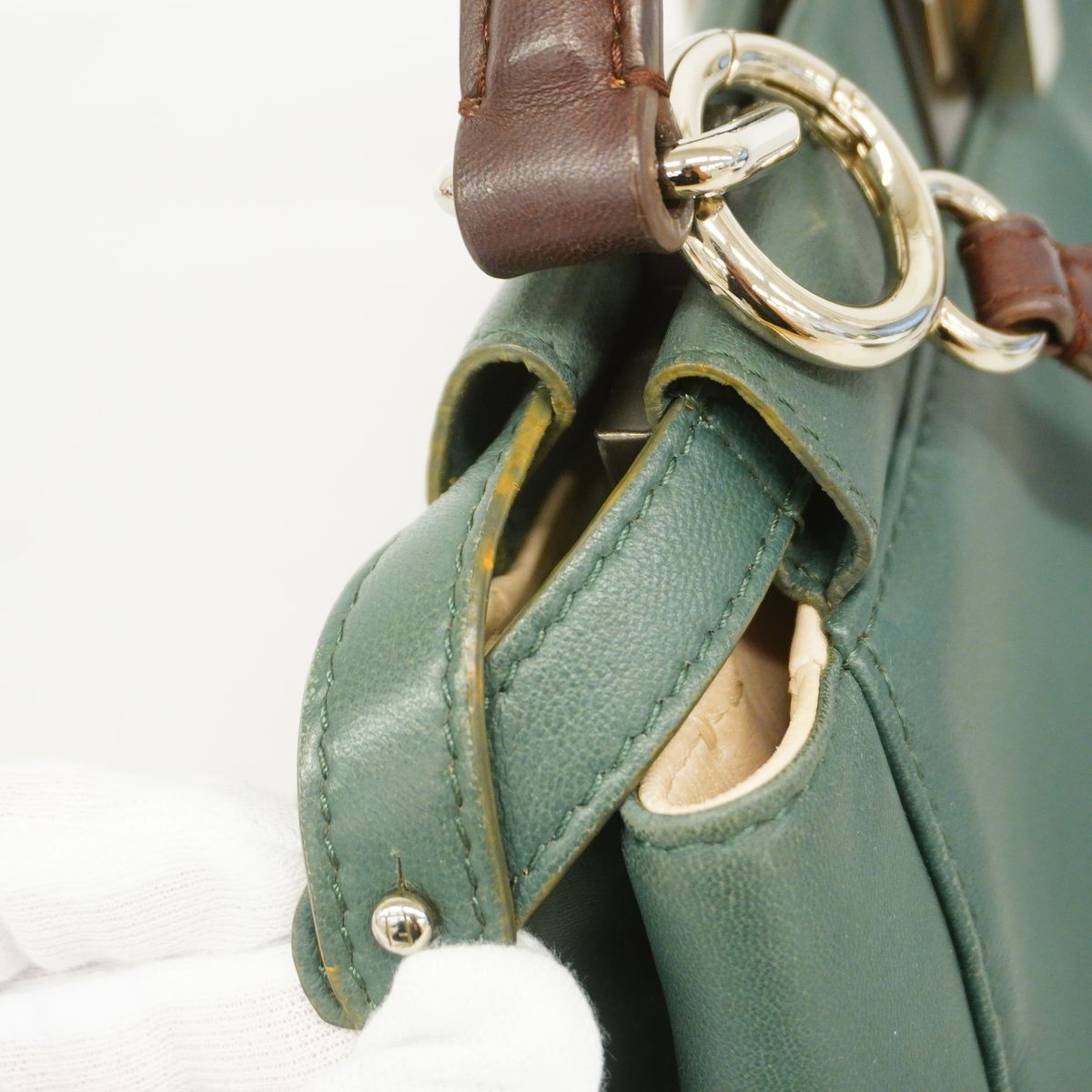 Fendi Handbag Peekaboo Leather Moss Green Silver 2-Way Bag — view 7