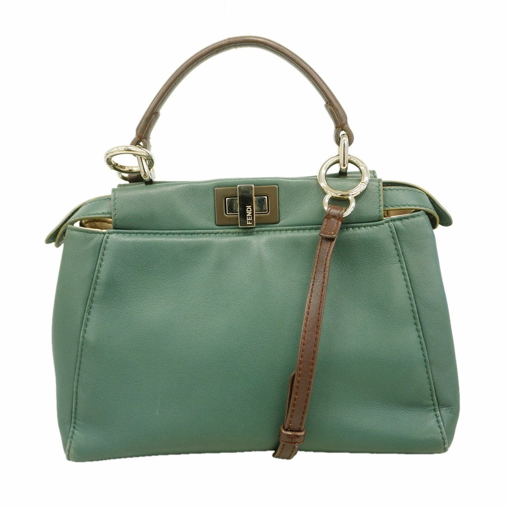 Fendi Handbag Peekaboo Leather Moss Green Silver 2-Way Bag