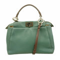 Fendi Handbag Peekaboo Leather Moss Green Silver 2-Way Bag