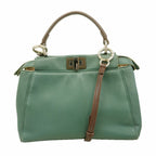 Fendi Handbag Peekaboo Leather Moss Green Silver 2-Way Bag