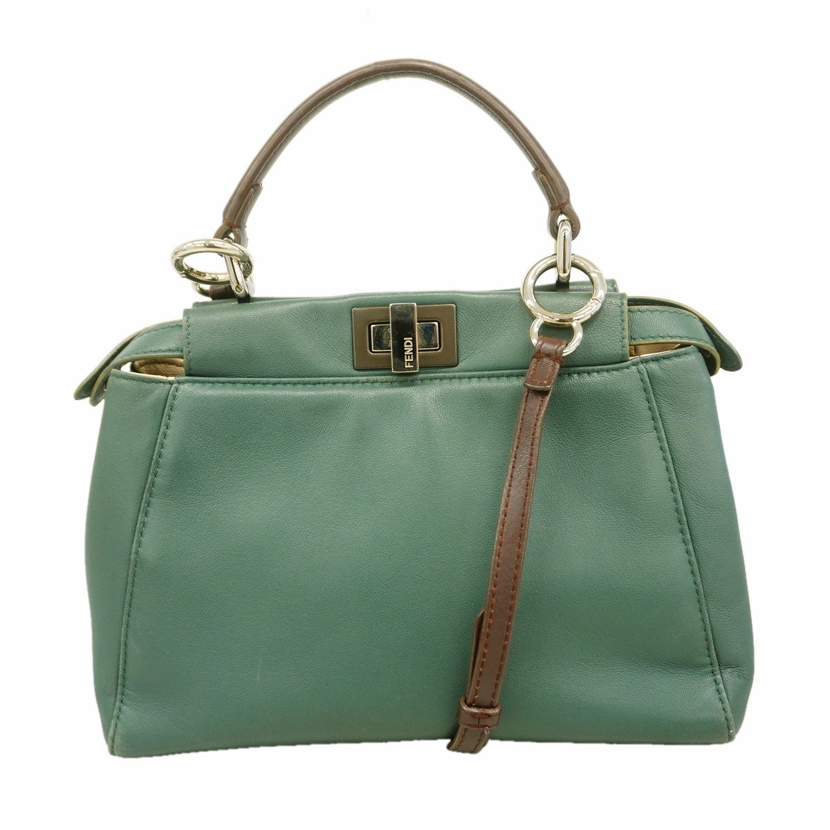 Fendi Handbag Peekaboo Leather Moss Green Silver 2-Way Bag