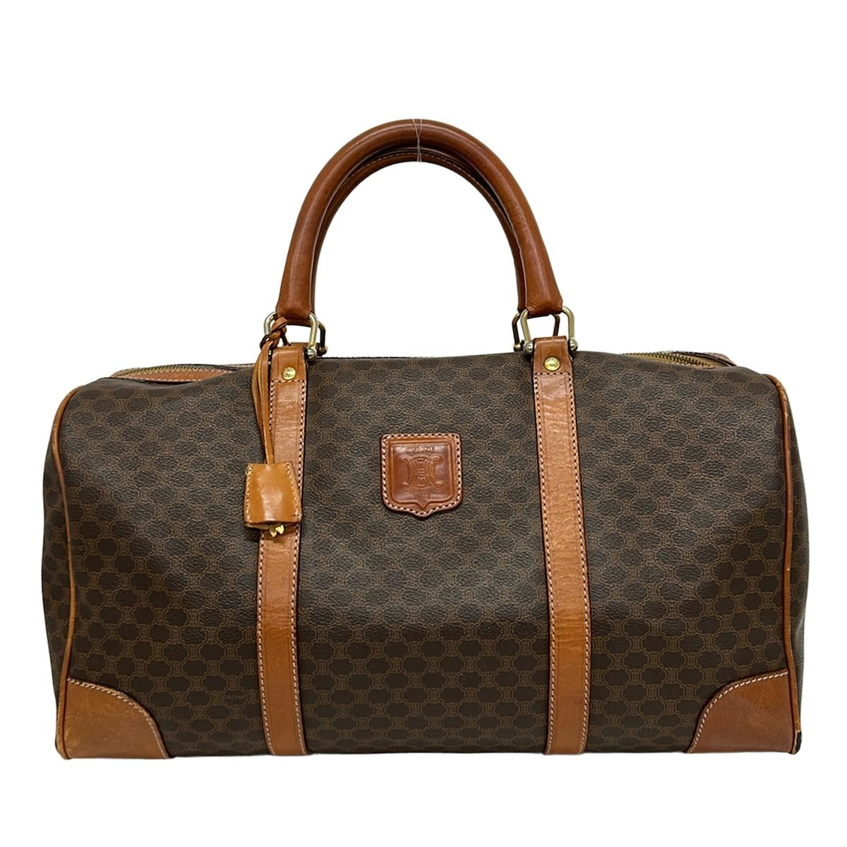 Celine Boston Bag Macadam Pattern Dark Brown No Lock Leather