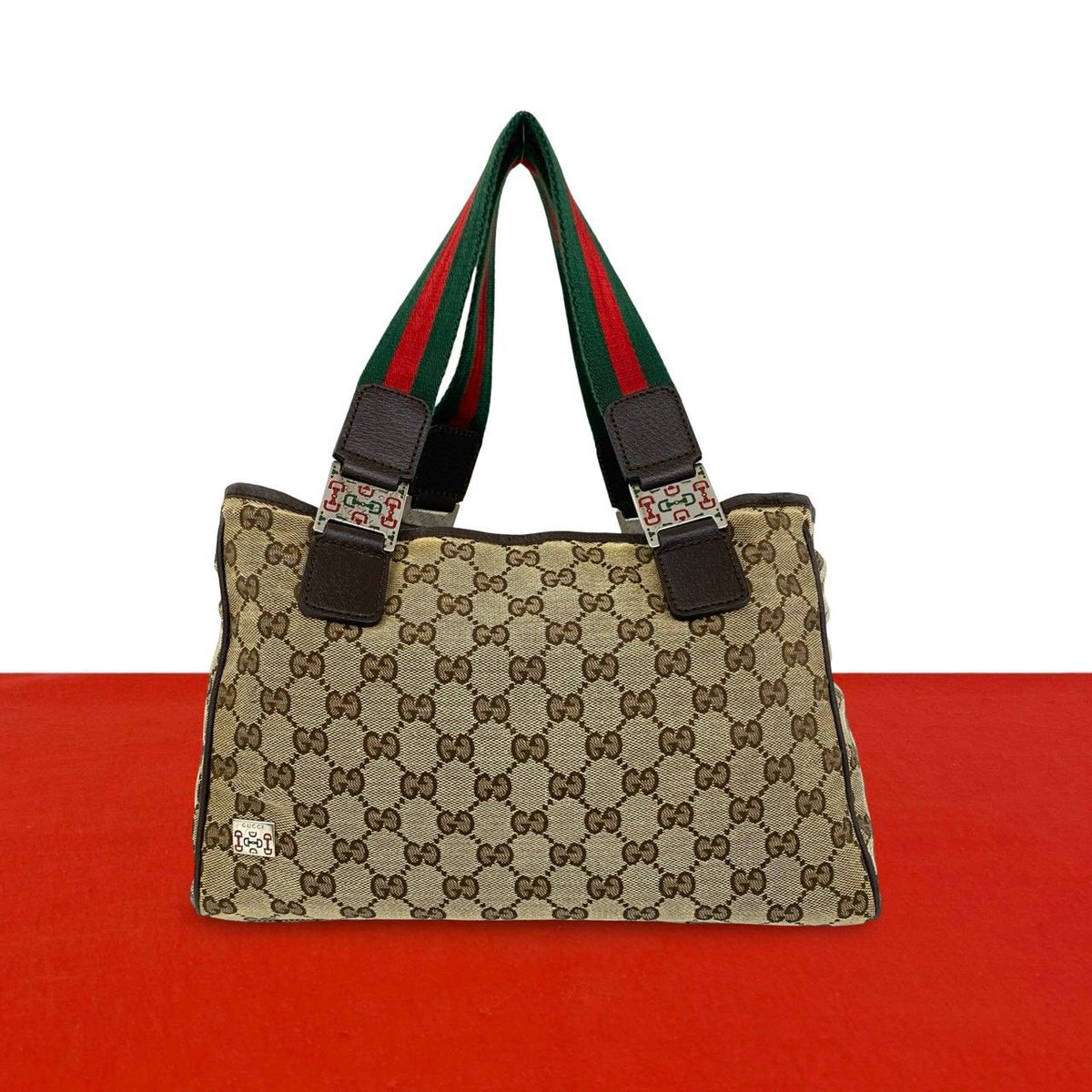 Gucci Sherry Line GG Logo Pattern Canvas Leather Tote Bag Brown